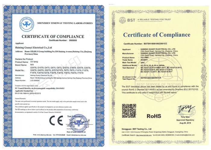 certification of T8 15W BL Fluorescent lamp